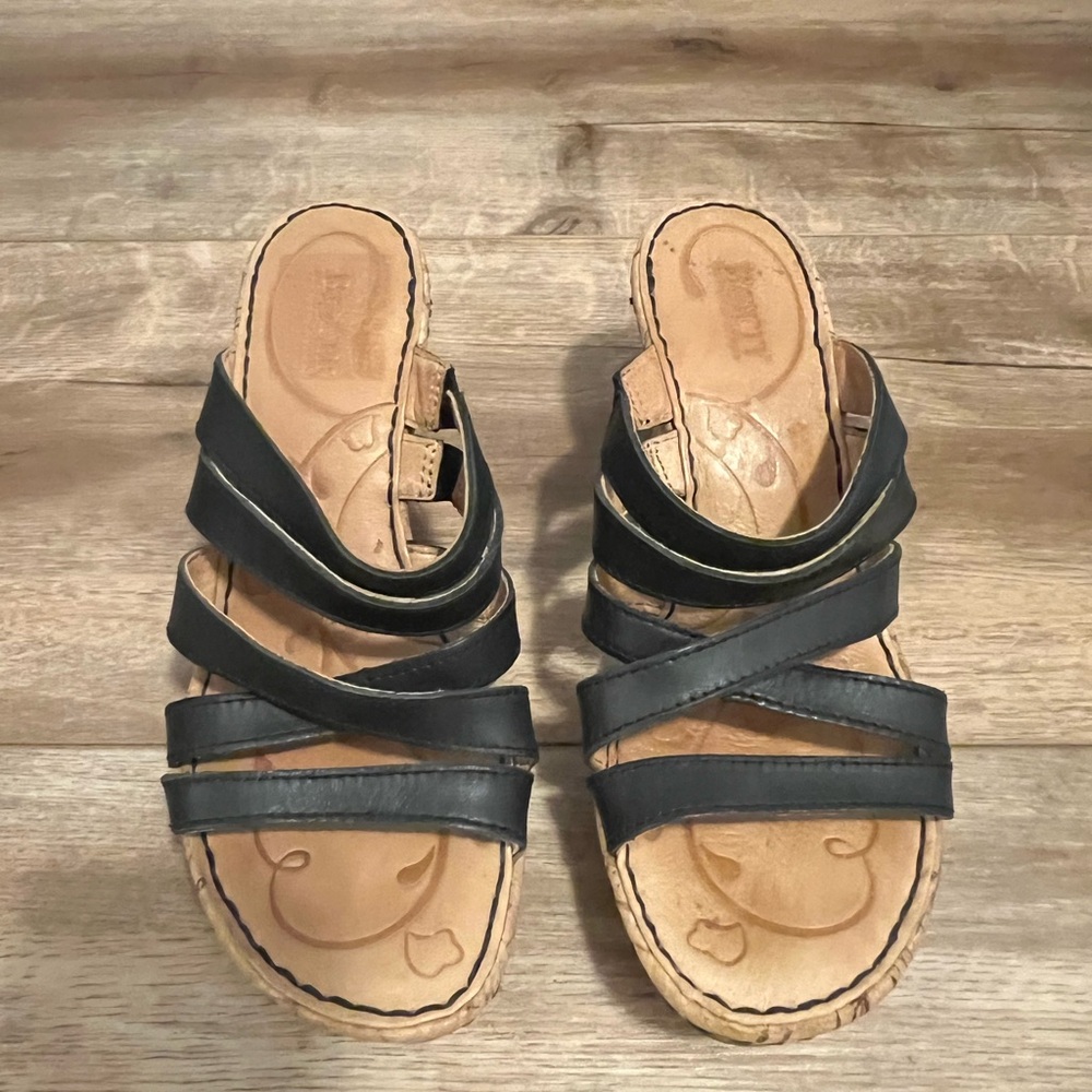 Born Black Leather Strappy Cork Wedge Sandals Size 7